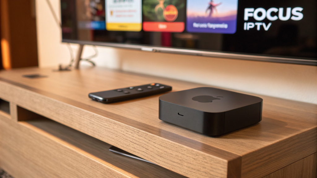 Relaxed Entertainment Setting: A comfortable living room scene with an Apple TV interface displayed on the TV screen, showing a completed IPTV setup ready for use. The atmosphere includes cozy furniture, soft lighting, and a remote control on a nearby table. The brand name "FOCUS IPTV" is featured in the top-right corner, blending seamlessly with the aesthetic while promoting the service.