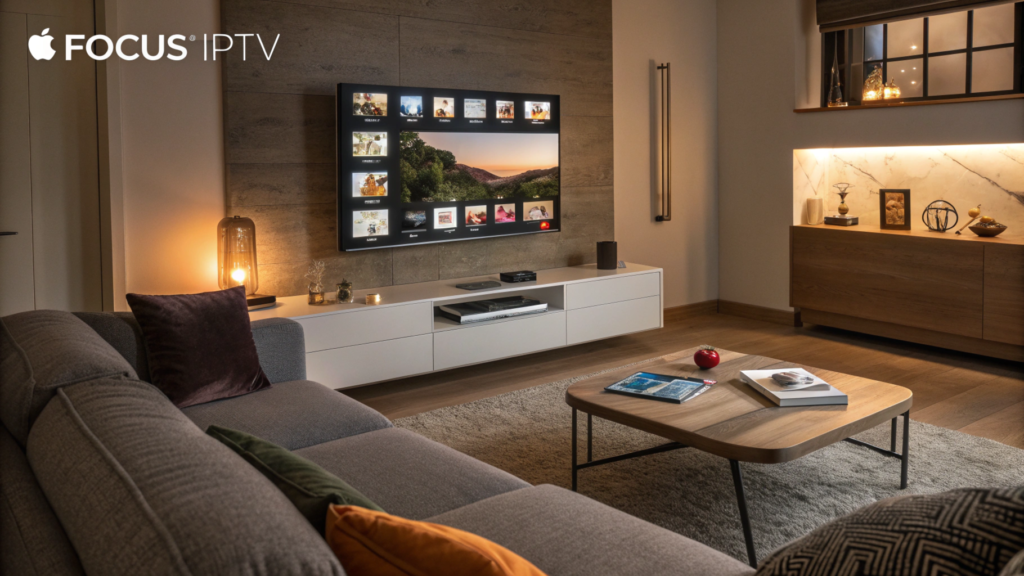 Relaxed Entertainment Setting: A comfortable living room scene with an Apple TV interface displayed on the TV screen, showing a completed IPTV setup ready for use. The atmosphere includes cozy furniture, soft lighting, and a remote control on a nearby table. The brand name "FOCUS IPTV" is featured in the top-right corner, blending seamlessly with the aesthetic while promoting the service.
