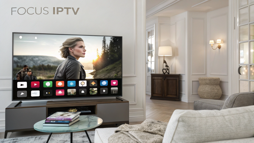 Relaxed Entertainment Setting: A comfortable living room scene with an Apple TV interface displayed on the TV screen, showing a completed IPTV setup ready for use. The atmosphere includes cozy furniture, soft lighting, and a remote control on a nearby table. The brand name "FOCUS IPTV" is featured in the top-right corner, blending seamlessly with the aesthetic while promoting the service.